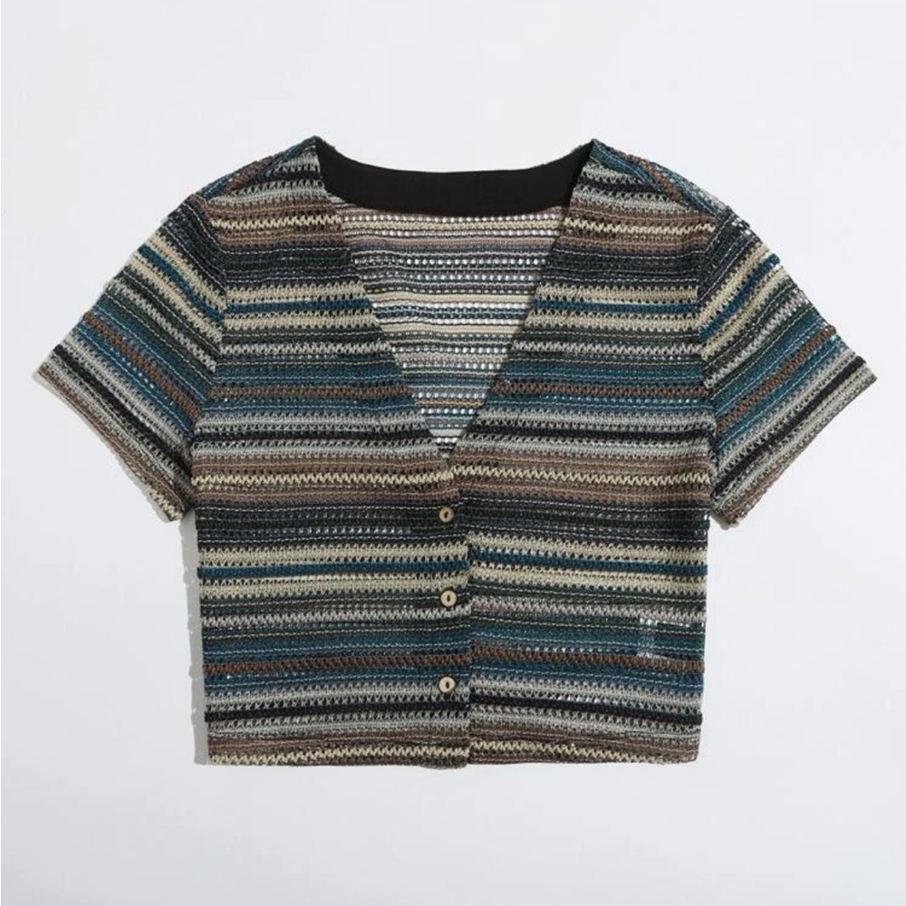 Unity V-neck Button Placket Striped Top
